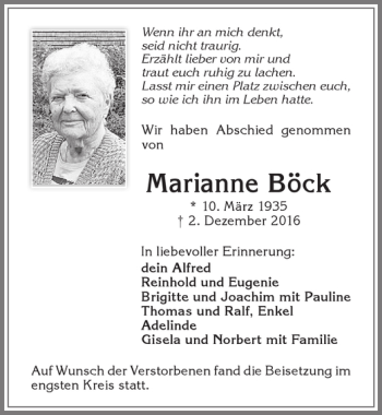 Traueranzeige von Marianne Böck von Allgäuer Zeitung,Kempten