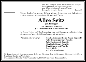 Traueranzeige von Alice Seitz von Allgäuer Anzeigeblatt