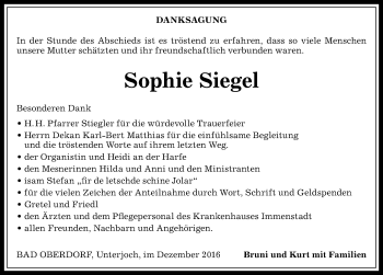 Traueranzeige von Sophie Siegel von Allgäuer Anzeigeblatt
