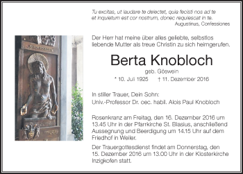 Traueranzeige von Berta Knobloch von Der Westallgäuer