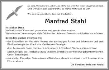 Traueranzeige von Manfred Stahl von Allgäuer Zeitung, Kaufbeuren/Buchloe