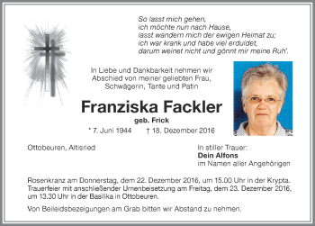 Traueranzeige von Franziska Fackler von Memminger Zeitung