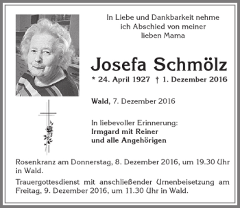 Traueranzeige von Josefa Schmölz von Allgäuer Zeitung, Marktoberdorf
