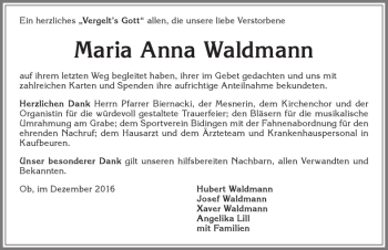 Traueranzeige von Maria Anna Waldmann von Allgäuer Zeitung, Marktoberdorf
