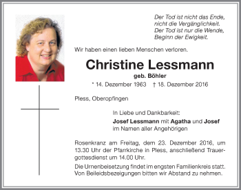 Traueranzeige von Christine Lessmann von Memminger Zeitung