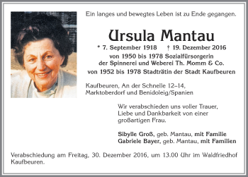 Traueranzeige von Ursula Mantau von Allgäuer Zeitung