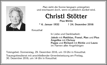 Traueranzeige von Christl Stötter von Allgäuer Zeitung,Kempten