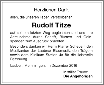 Traueranzeige von Rudolf Titze von Memminger Zeitung