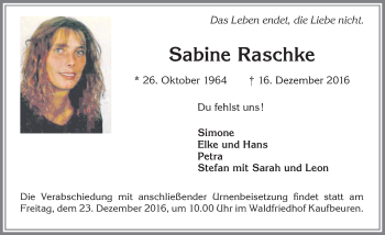 Traueranzeige von Sabine Raschke von Allgäuer Zeitung, Kaufbeuren/Buchloe