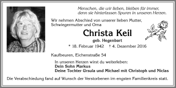 Traueranzeige von Christa Keil von Allgäuer Zeitung, Kaufbeuren/Buchloe