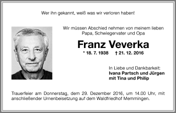 Traueranzeige von Franz Veverka von Memminger Zeitung