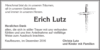 Traueranzeige von Erich Lutz von Allgäuer Zeitung, Kaufbeuren/Buchloe