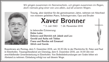 Traueranzeige von Xaver Bronner von Allgäuer Zeitung