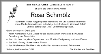 Traueranzeige von Rosa Schmölz von Allgäuer Zeitung, Füssen
