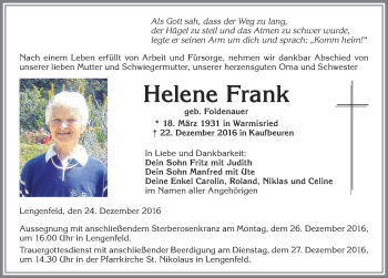 Traueranzeige von Helene Frank von Allgäuer Zeitung, Kaufbeuren/Buchloe