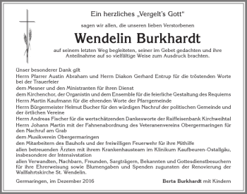 Traueranzeige von Wendelin Burkhardt von Allgäuer Zeitung, Kaufbeuren/Buchloe