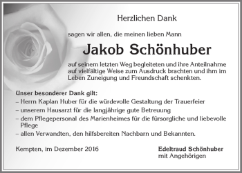 Traueranzeige von Jakob Schönhuber von Allgäuer Zeitung,Kempten