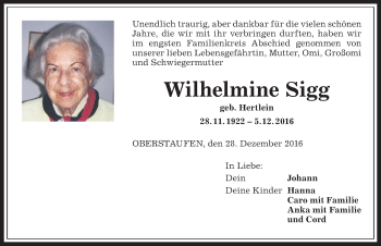 Traueranzeige von Wilhelmine Sigg von Allgäuer Anzeigeblatt