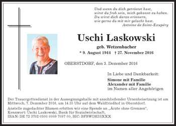 Traueranzeige von Uschi Laskowski von Allgäuer Anzeigeblatt