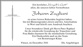 Traueranzeige von Johann Zugliani von Allgäuer Zeitung, Füssen