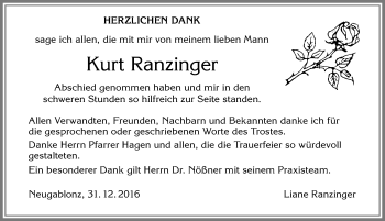 Traueranzeige von Kurt Ranzinger von Allgäuer Zeitung, Kaufbeuren/Buchloe