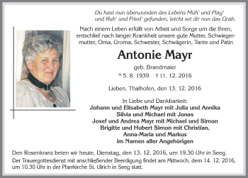 Traueranzeige von Antonie Mayr von Allgäuer Zeitung, Füssen