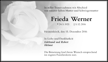 Traueranzeige von Frieda Werner von Der Westallgäuer