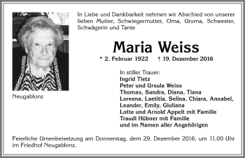 Traueranzeige von Maria Weiss von Allgäuer Zeitung, Kaufbeuren/Buchloe