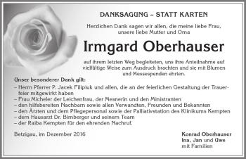 Traueranzeige von Irmgard Oberhauser von Allgäuer Zeitung,Kempten