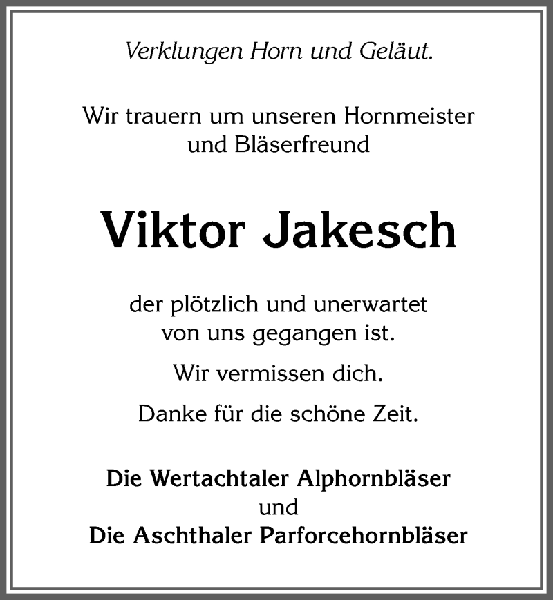 Traueranzeige für Viktor Jakesch vom 15.12.2016 aus Allgäuer Zeitung, Kaufbeuren/Buchloe