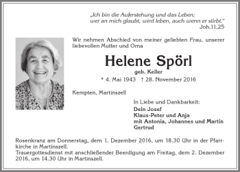 Traueranzeige von Helene Spörl von Allgäuer Zeitung,Kempten