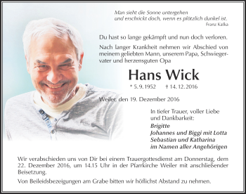 Traueranzeige von Hans Wick von Der Westallgäuer