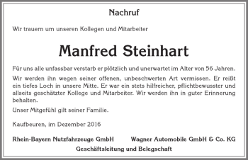 Traueranzeige von Manfred Steinhart von Allgäuer Zeitung, Kaufbeuren/Buchloe