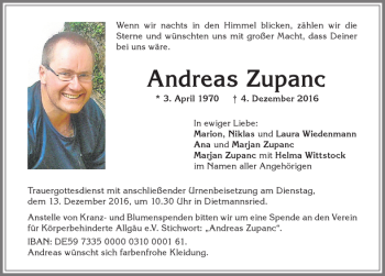 Traueranzeige von Andreas Zupanc von Allgäuer Zeitung,Kempten