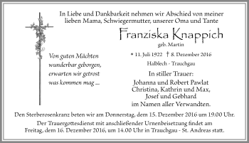 Traueranzeige von Franziska Knappich von Allgäuer Zeitung, Füssen