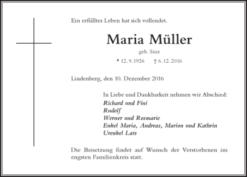 Traueranzeige von Maria Müller von Der Westallgäuer