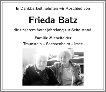 Traueranzeige von Frieda Batz von Allgäuer Zeitung, Marktoberdorf