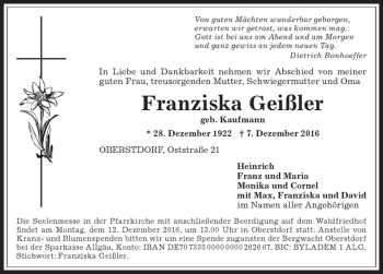 Traueranzeige von Franziska Geißler von Allgäuer Anzeigeblatt