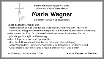 Traueranzeige von Maria Wagner von Allgäuer Zeitung, Kaufbeuren/Buchloe