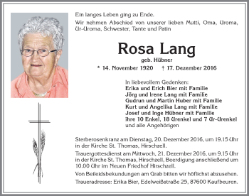 Traueranzeige von Rosa Lang von Allgäuer Zeitung, Kaufbeuren/Buchloe