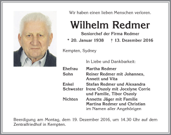 Traueranzeige von Wilhelm Redmer von Allgäuer Zeitung,Kempten