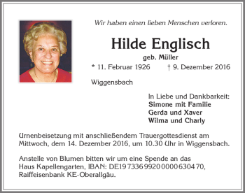 Traueranzeige von Hilde Englisch von Allgäuer Zeitung,Kempten