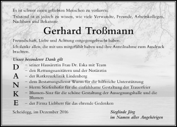 Traueranzeige von Gerhard Troßmann von Der Westallgäuer