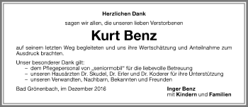 Traueranzeige von Kurt Benz von Memminger Zeitung