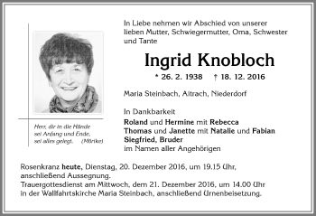 Traueranzeige von Ingrid Knobloch von Memminger Zeitung