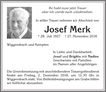 Traueranzeige von Josef Merk von Allgäuer Zeitung,Kempten
