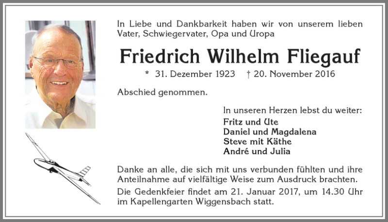  Traueranzeige für Friedrich Wilhelm Fliegauf vom 03.12.2016 aus Allgäuer Zeitung,Kempten