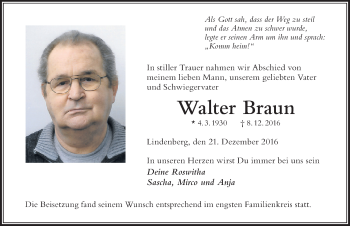 Traueranzeige von Walter Braun von Der Westallgäuer