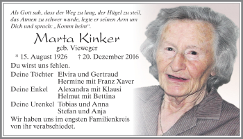 Traueranzeige von Marta Kinker von Allgäuer Zeitung, Füssen