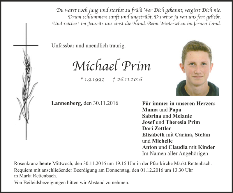  Traueranzeige für Michael Prim vom 29.11.2016 aus Allgäuer Zeitung